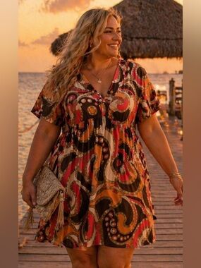 A.N.A. 100% Cotton Boho Babydoll Dress 1X Pink Brown Beach Vacation Coastal